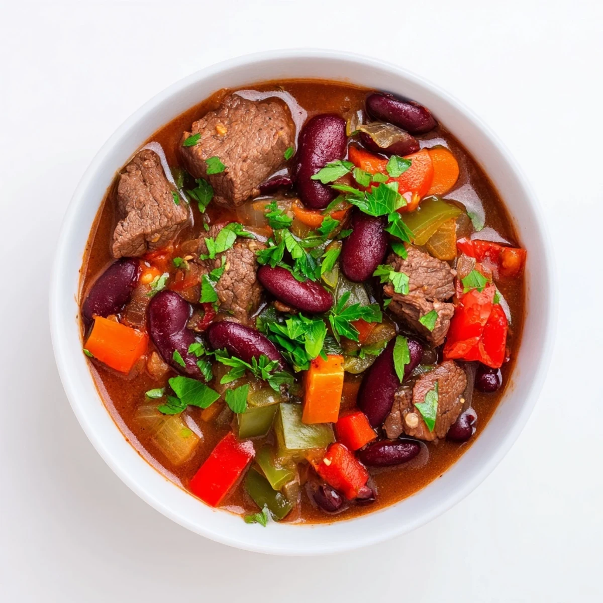 Savory beef and bean soup delight simmered in a rich beef broth with smoked paprika, oregano, and warming spices.