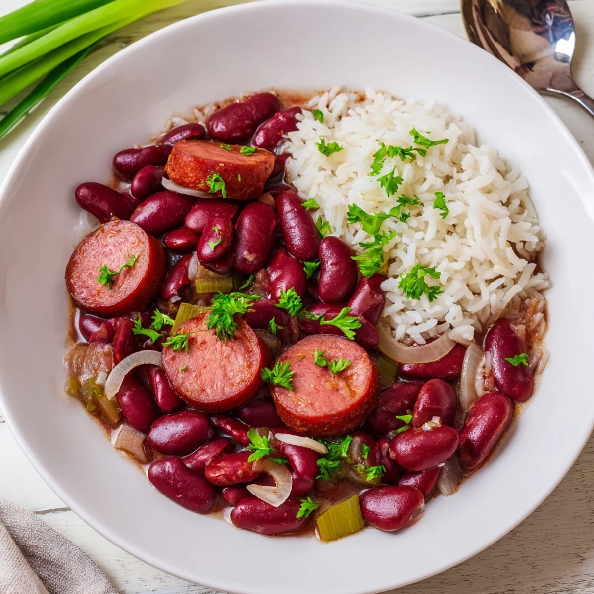 Hearty Red Beans and Rice studded with sliced smoked sausage and parsley