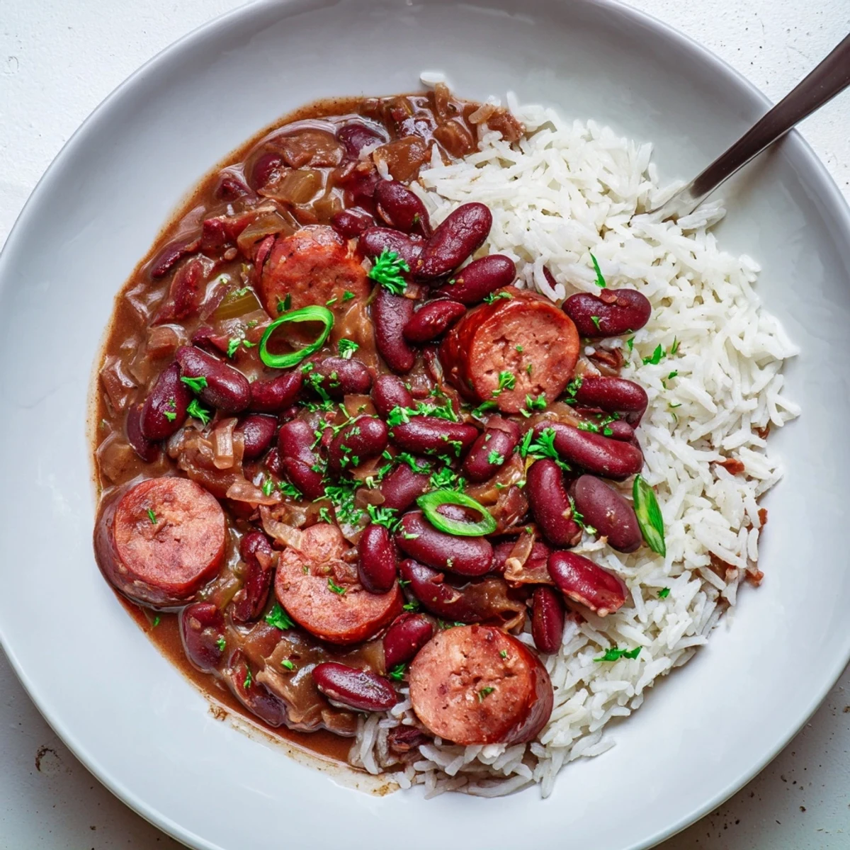 Cajun Red Beans and Rice simmering in a pot, smoky aroma fills kitchen