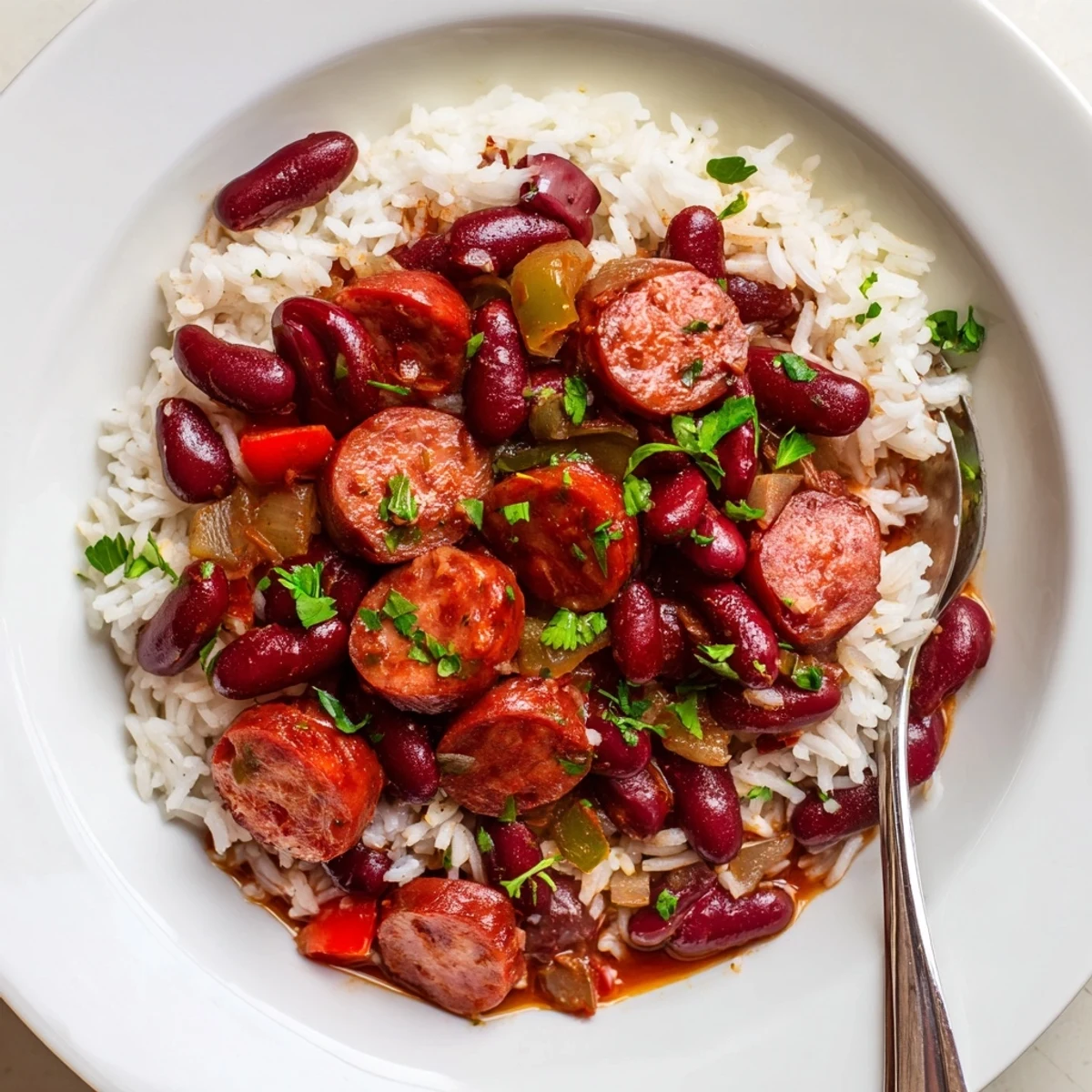 Red Beans and Rice spooned over steaming white rice, scallions on top