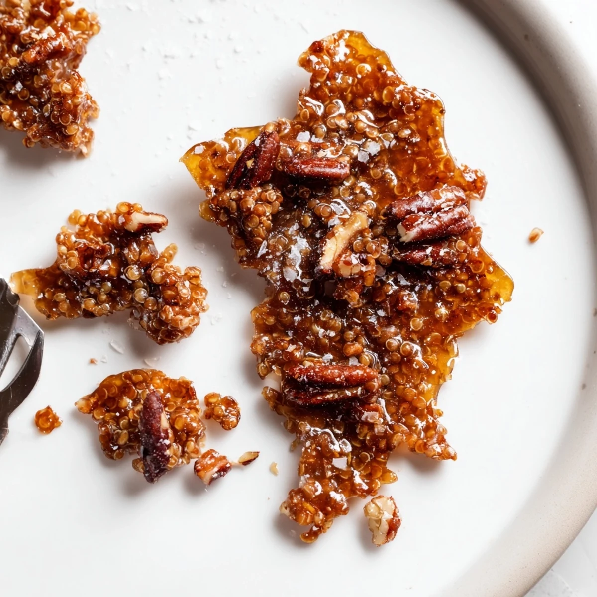 Sea Salted Quinoa Pecan Brittle with glossy golden shards, toasted pecans, flaky salt