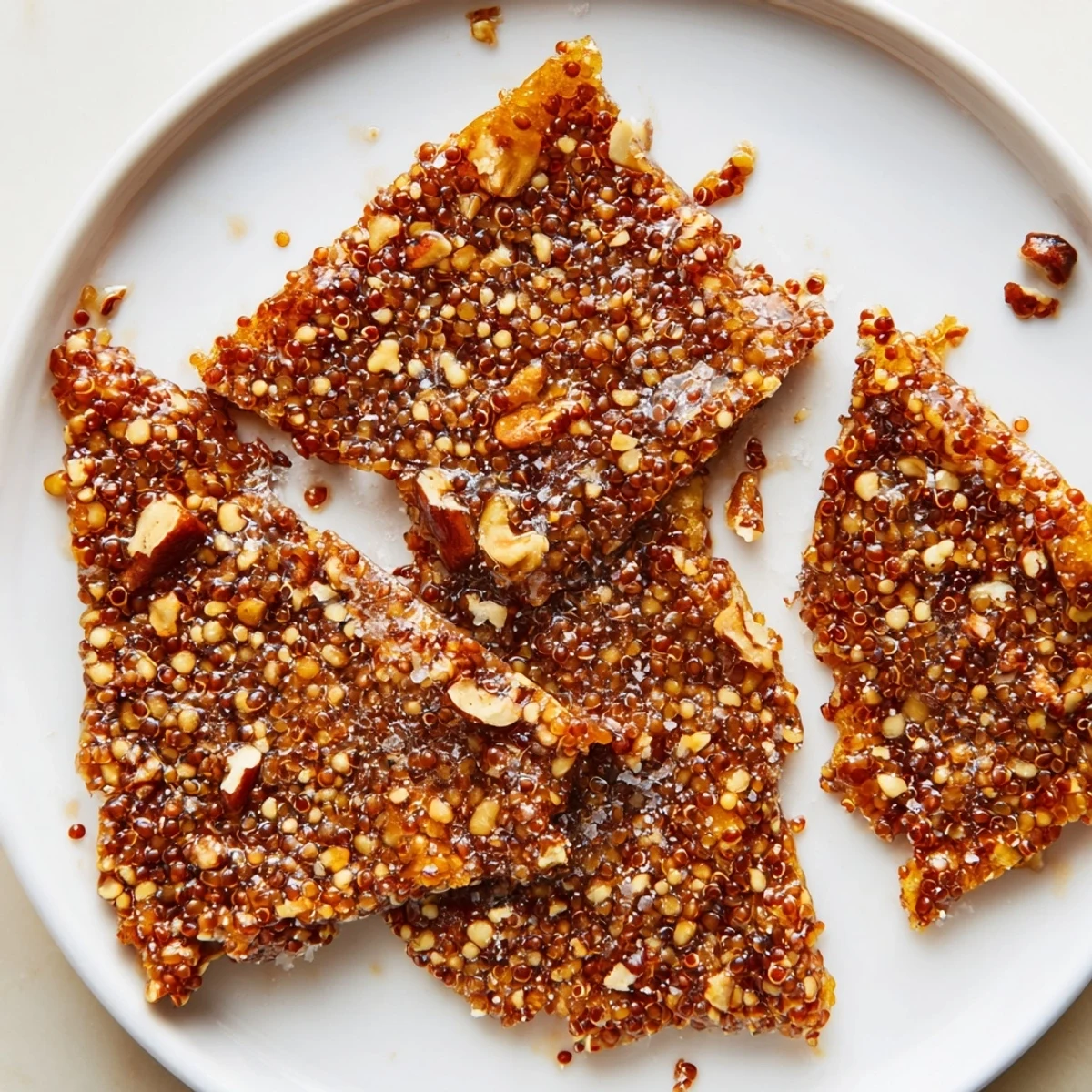 Homemade Sea Salted Quinoa Pecan Brittle piled on cutting board, ready for serving