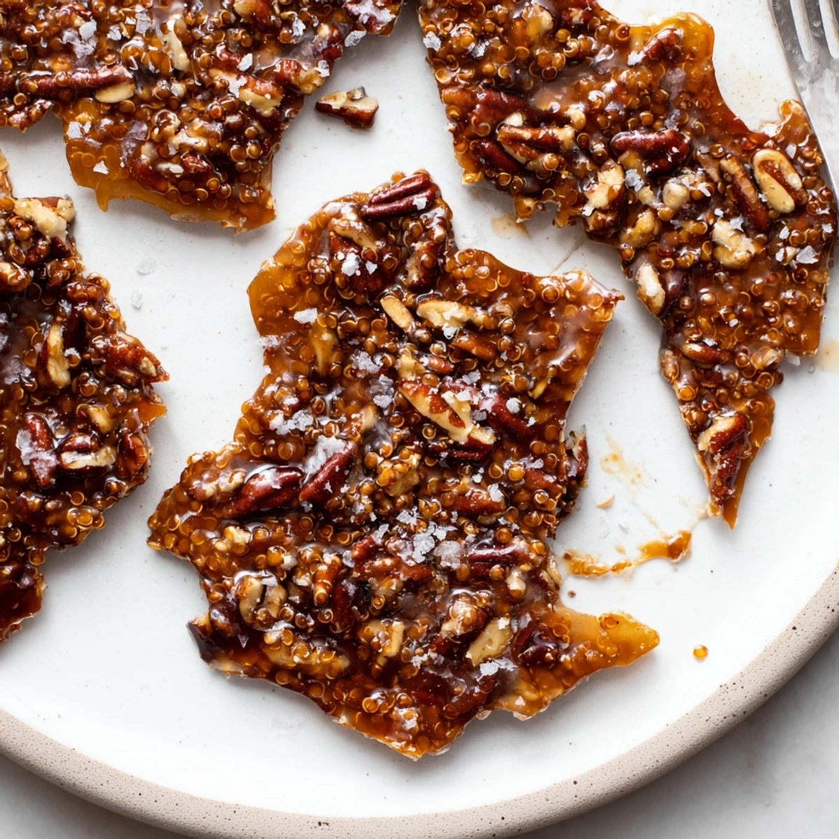 Crunchy piece of Sea Salted Quinoa Pecan Brittle dusted with extra flaky sea salt