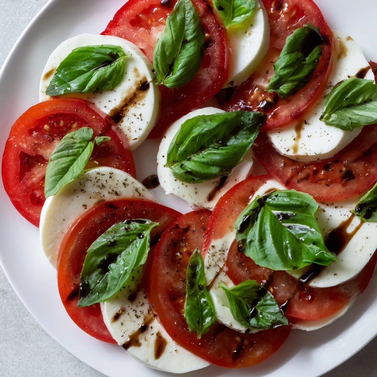Bright Classic Caprese Salad arranged on a platter, sprinkled with sea salt