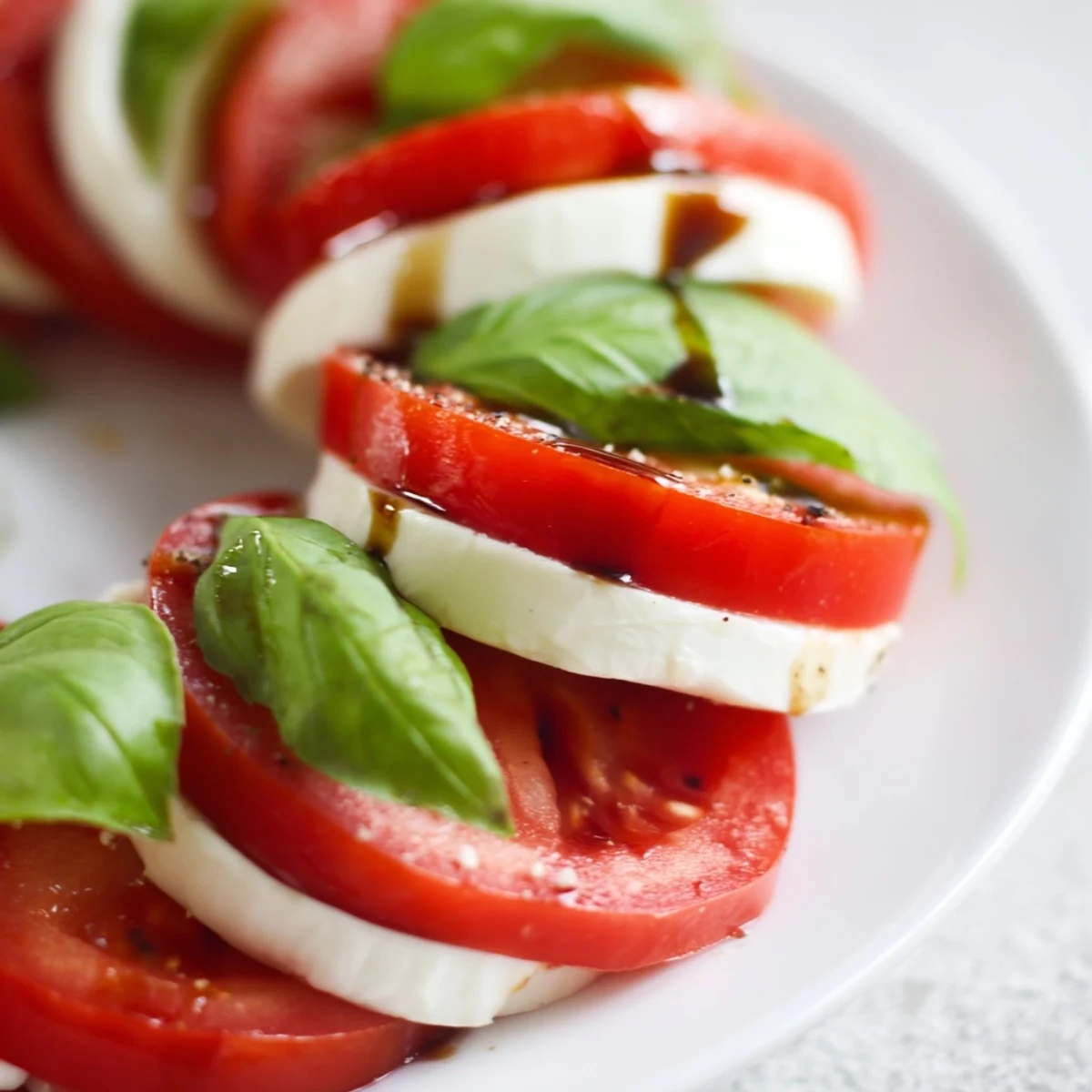 Classic Caprese Salad with ripe tomatoes, silky mozzarella, peppery basil, olive oil