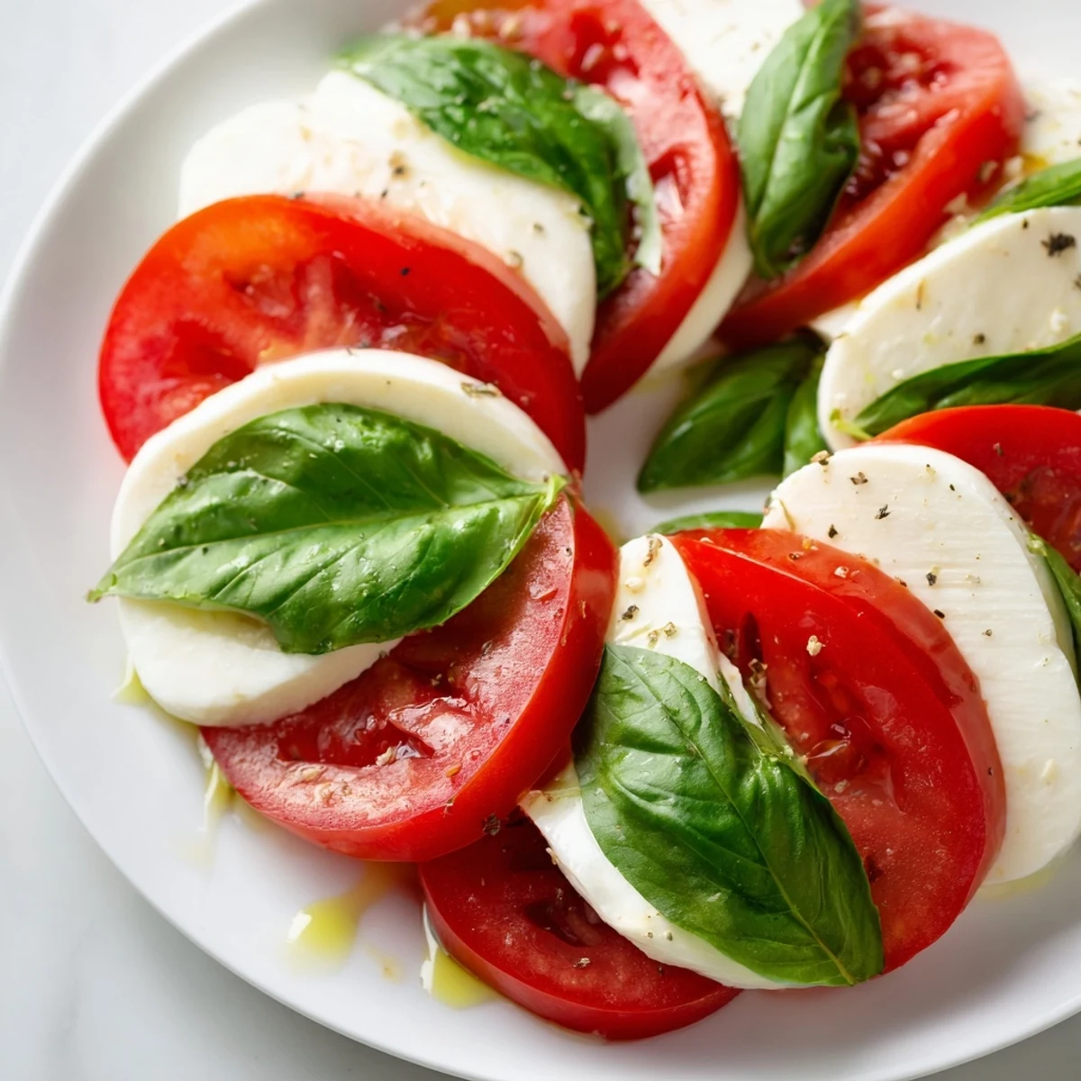 Easy Classic Caprese Salad served at room temperature, drizzled with balsamic glaze