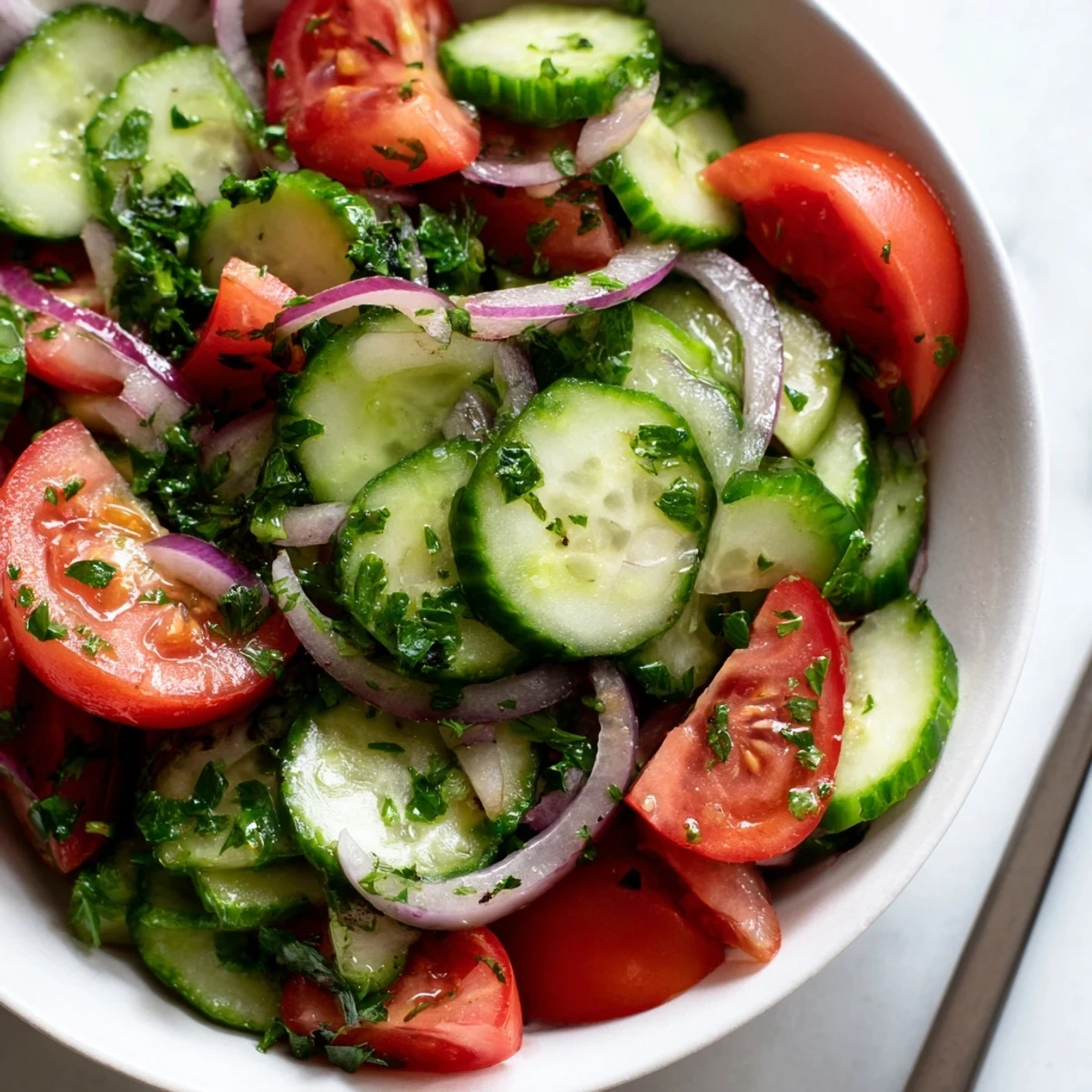 Cucumber Tomato Salad glistening with vinaigrette, crisp cucumbers and juicy tomatoes