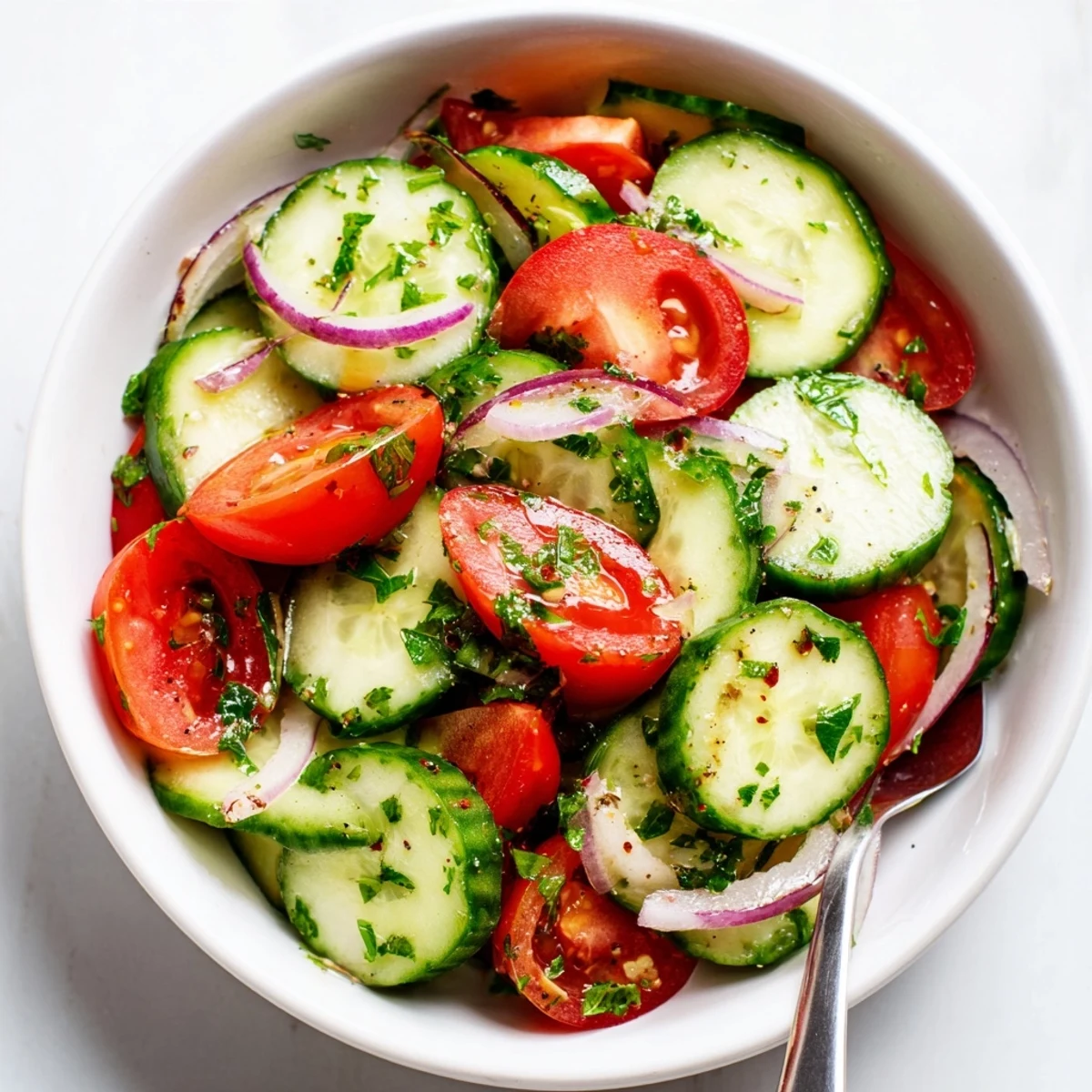 Chilled Cucumber Tomato Salad served as summer side, olive oil sheen