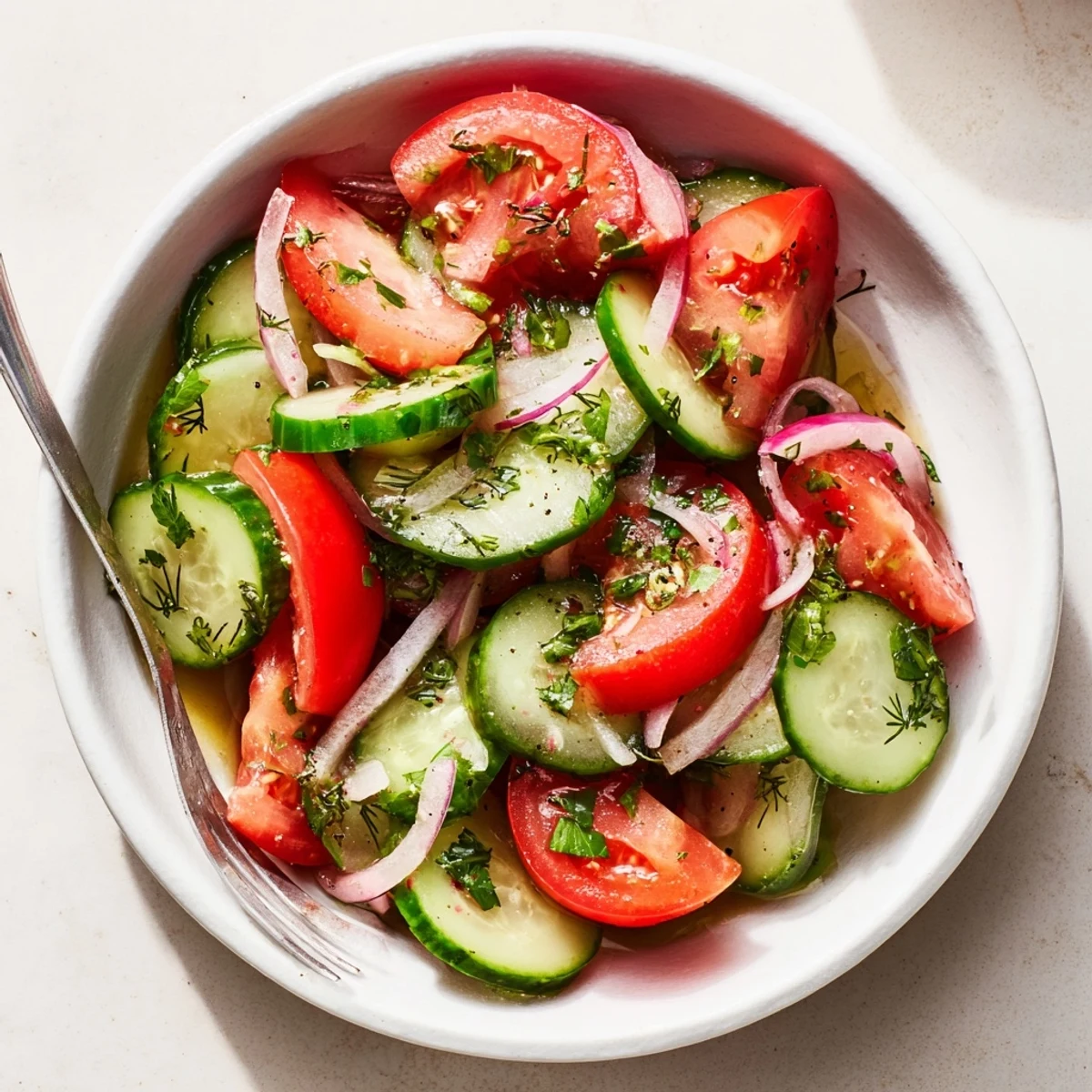 Bright Cucumber Tomato Salad tossed with red onion, parsley, zesty lemon