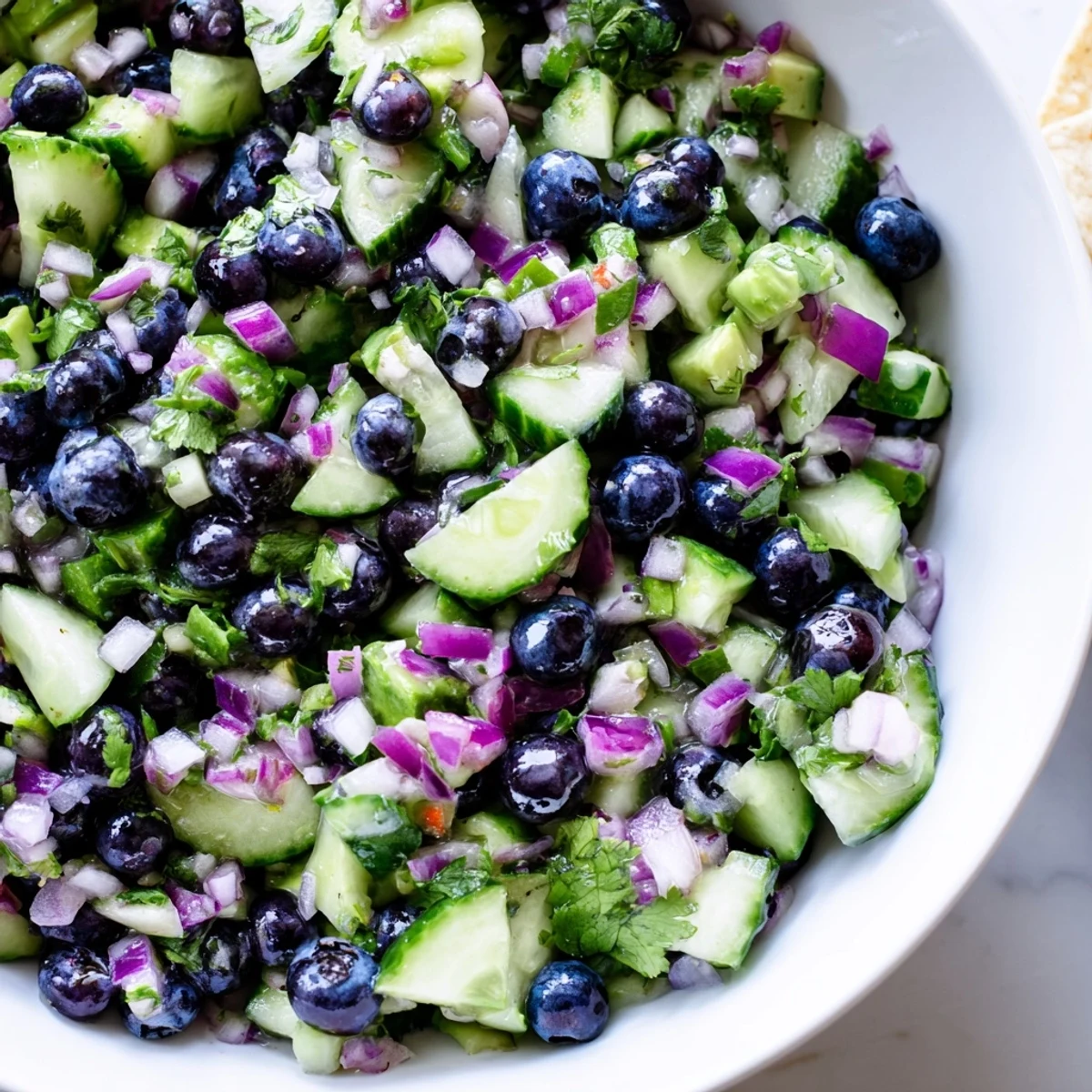 A vibrant blueberry cucumber salsa in a bowl, speckled with red onion and cilantro