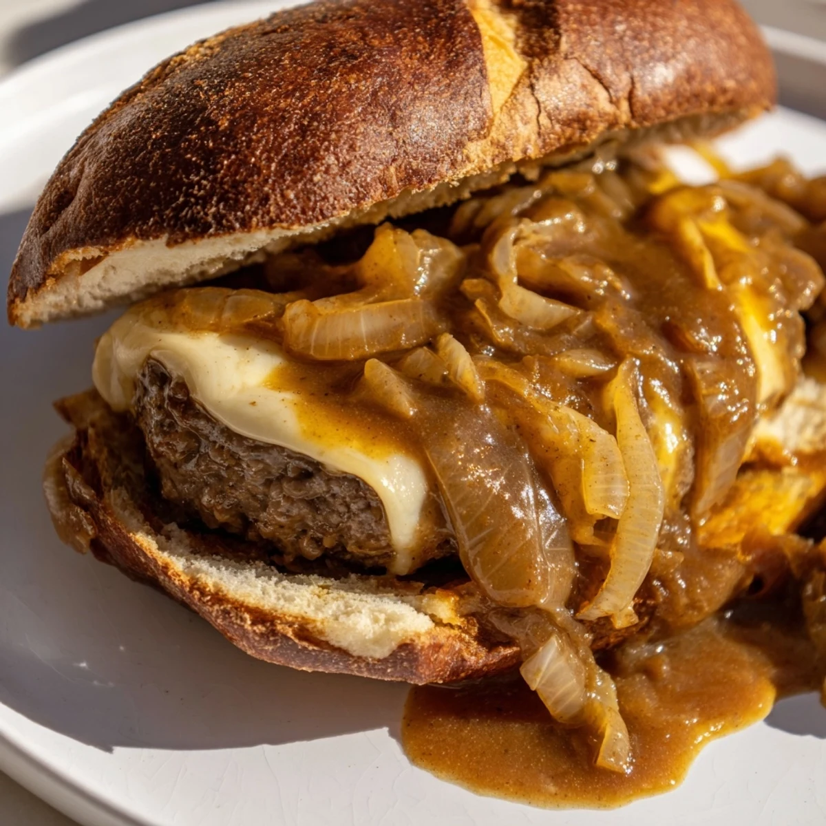 Golden hamburger steak sandwiches dripping with savory onion gravy on toasted buns
