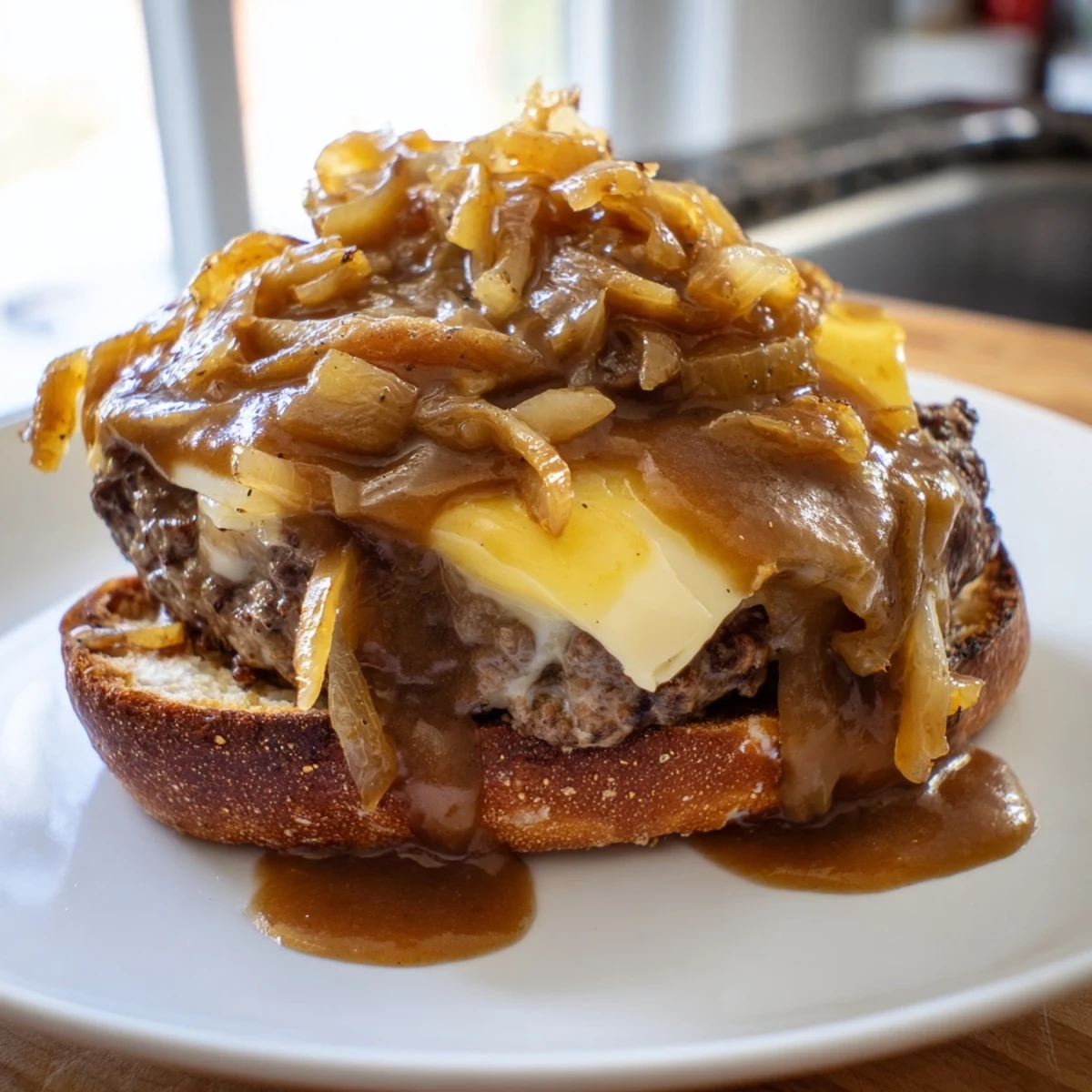 Juicy hamburger steak sandwiches smothered in creamy onion gravy with melted cheese