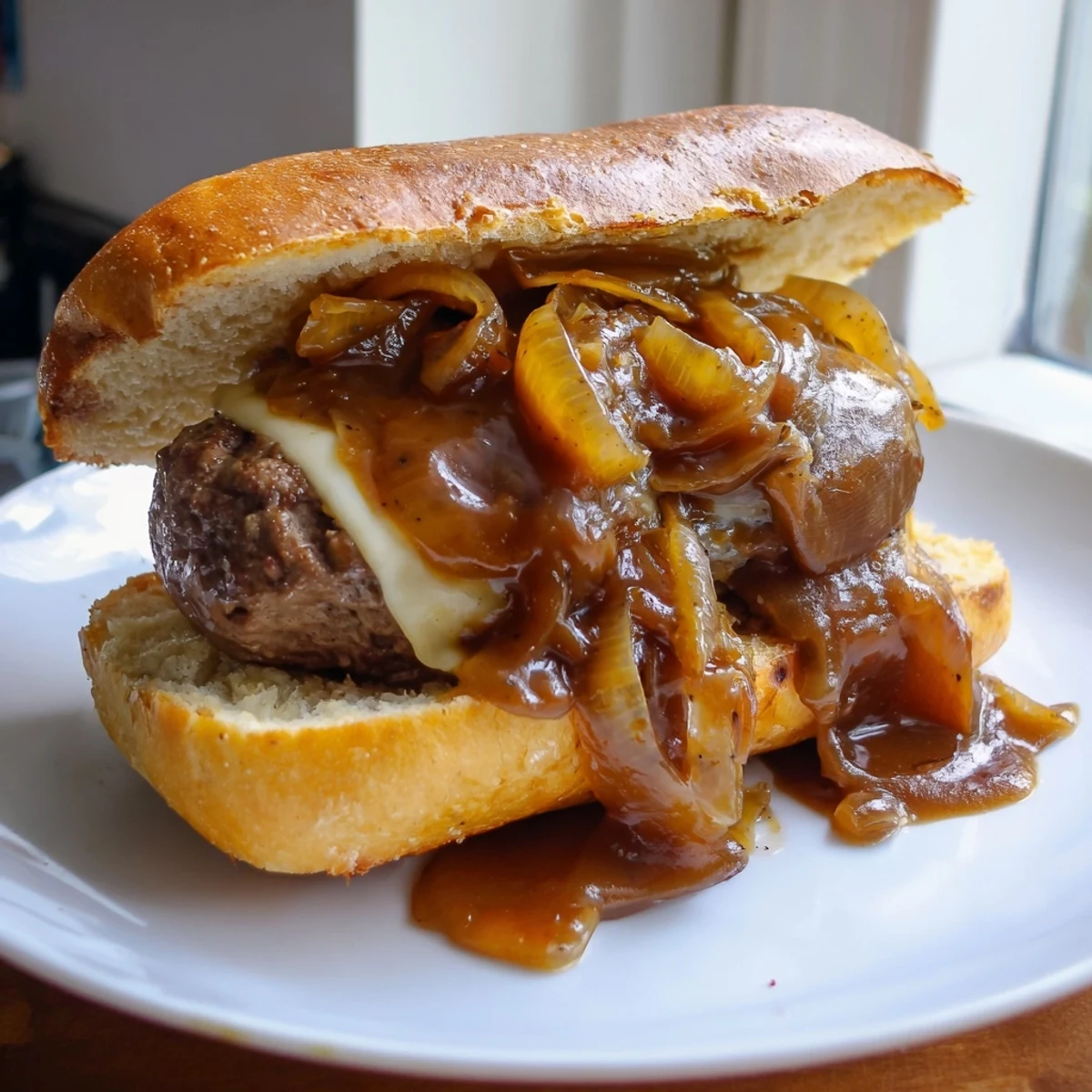 Smothered hamburger steak sandwiches with caramelized onions and rich brown gravy