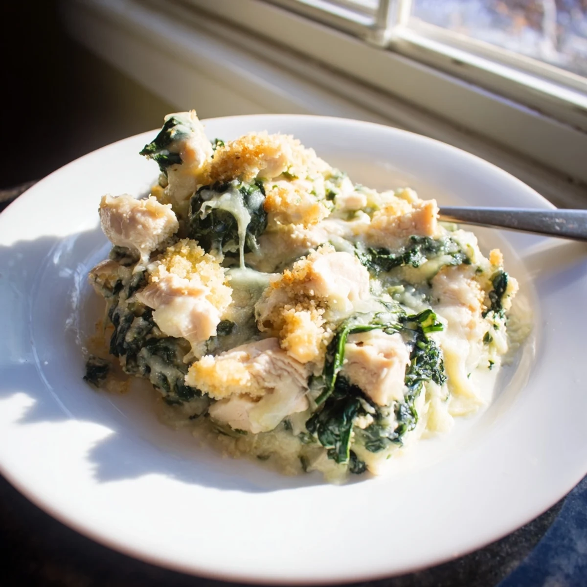 Golden bubbling creamy chicken spinach casserole fresh from the oven with melted cheese topping