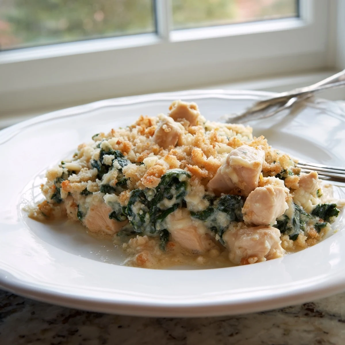 Tender chicken and vibrant spinach smothered in a rich creamy casserole sauce spooned into a baking dish