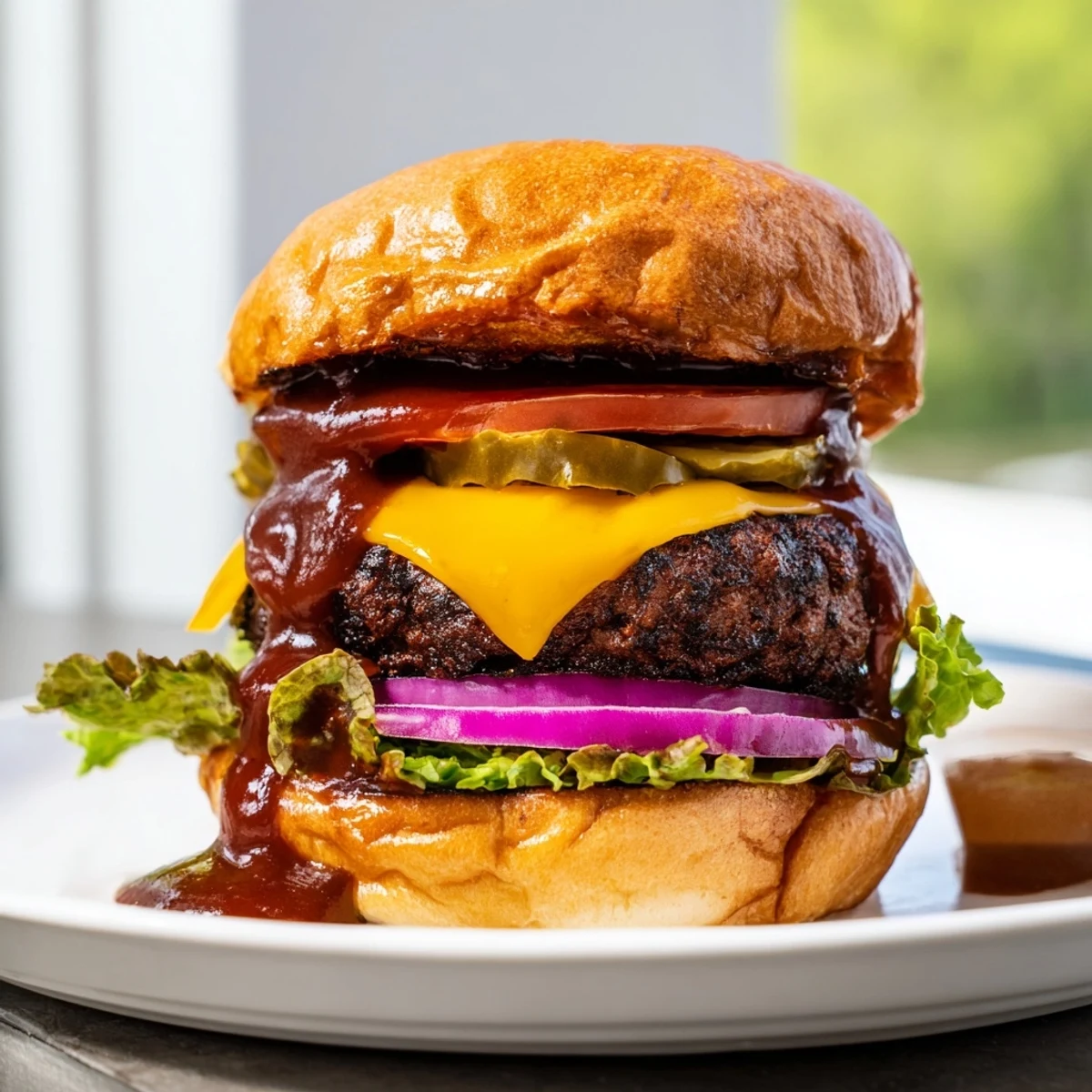 Juicy coffee rub burgers with smoky BBQ sauce on a toasted bun