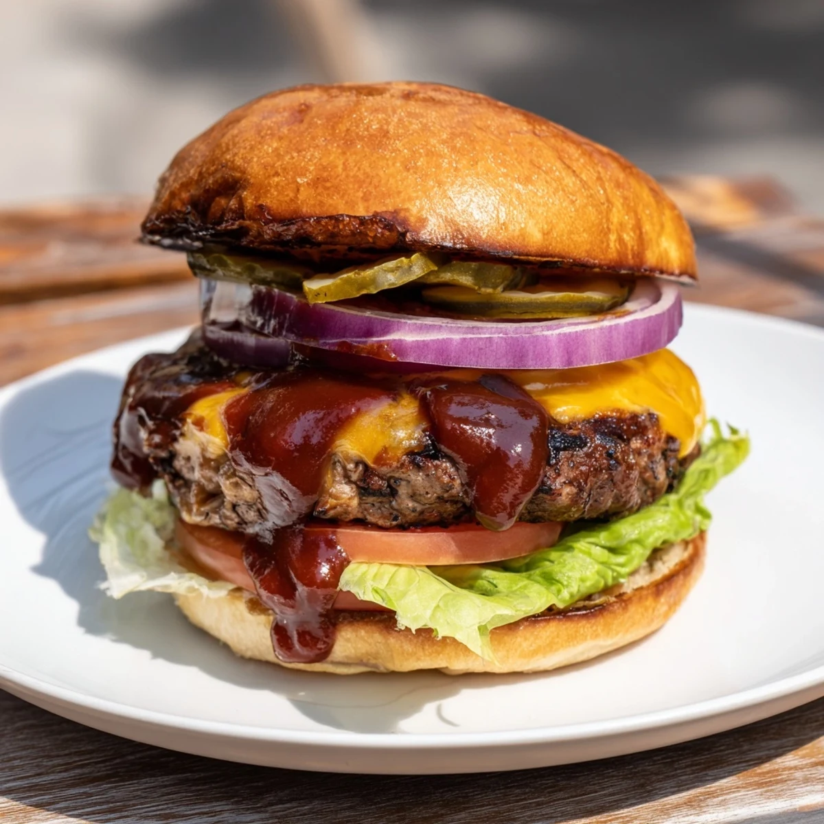 Grilled coffee rub burgers drizzled with rich smoky BBQ sauce