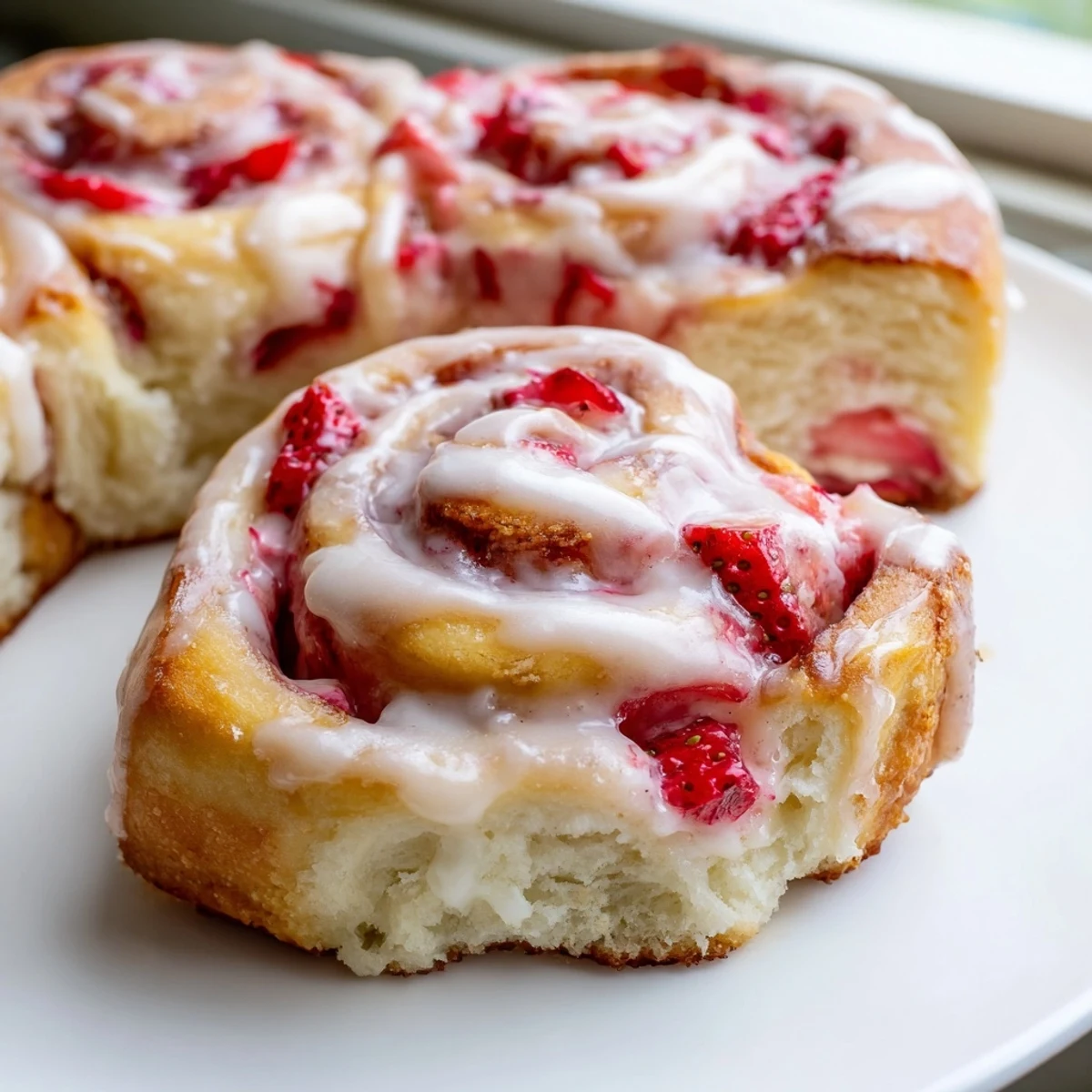 Golden strawberry cheesecake rolls drizzled with sweet vanilla glaze on a rustic plate
