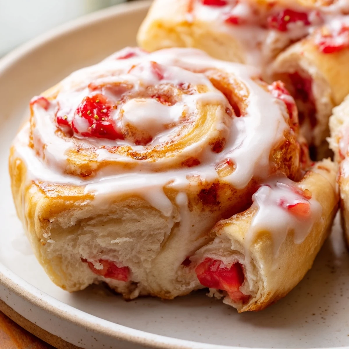 Soft pillowy strawberry cheesecake rolls with creamy filling and juicy red strawberry bits