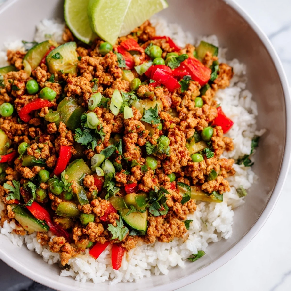 Spiced Turkey Rice Bowls topped with fresh cilantro and a squeeze of lime