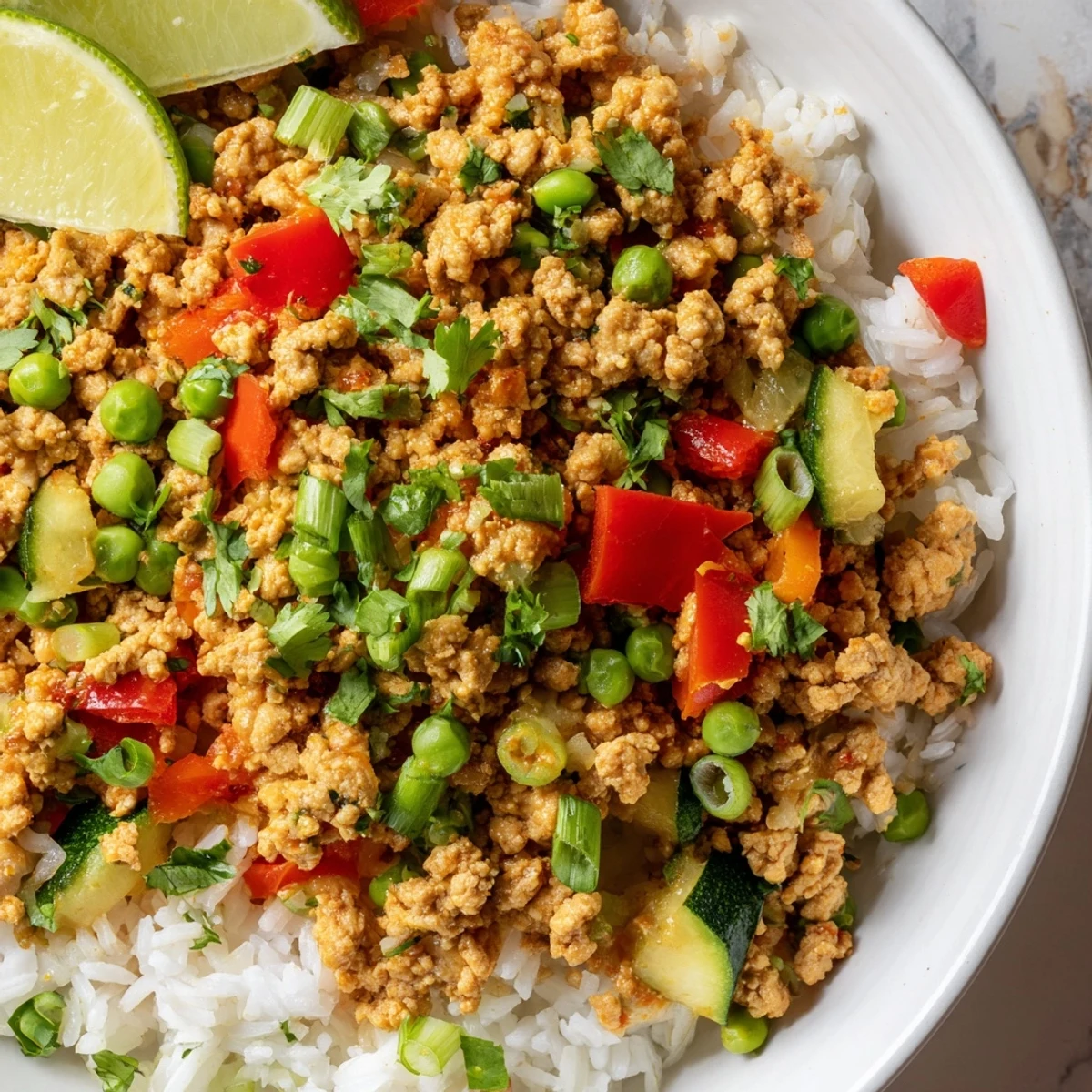 A colorful Spiced Turkey Rice Bowls meal with tender vegetables and fluffy white rice
