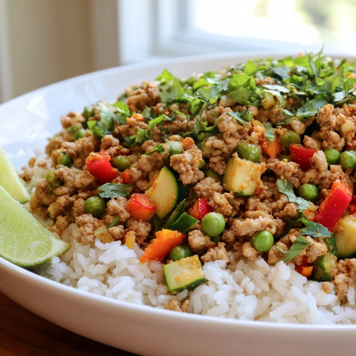 Hearty Spiced Turkey Rice Bowls served in a rustic dish with vibrant bell peppers