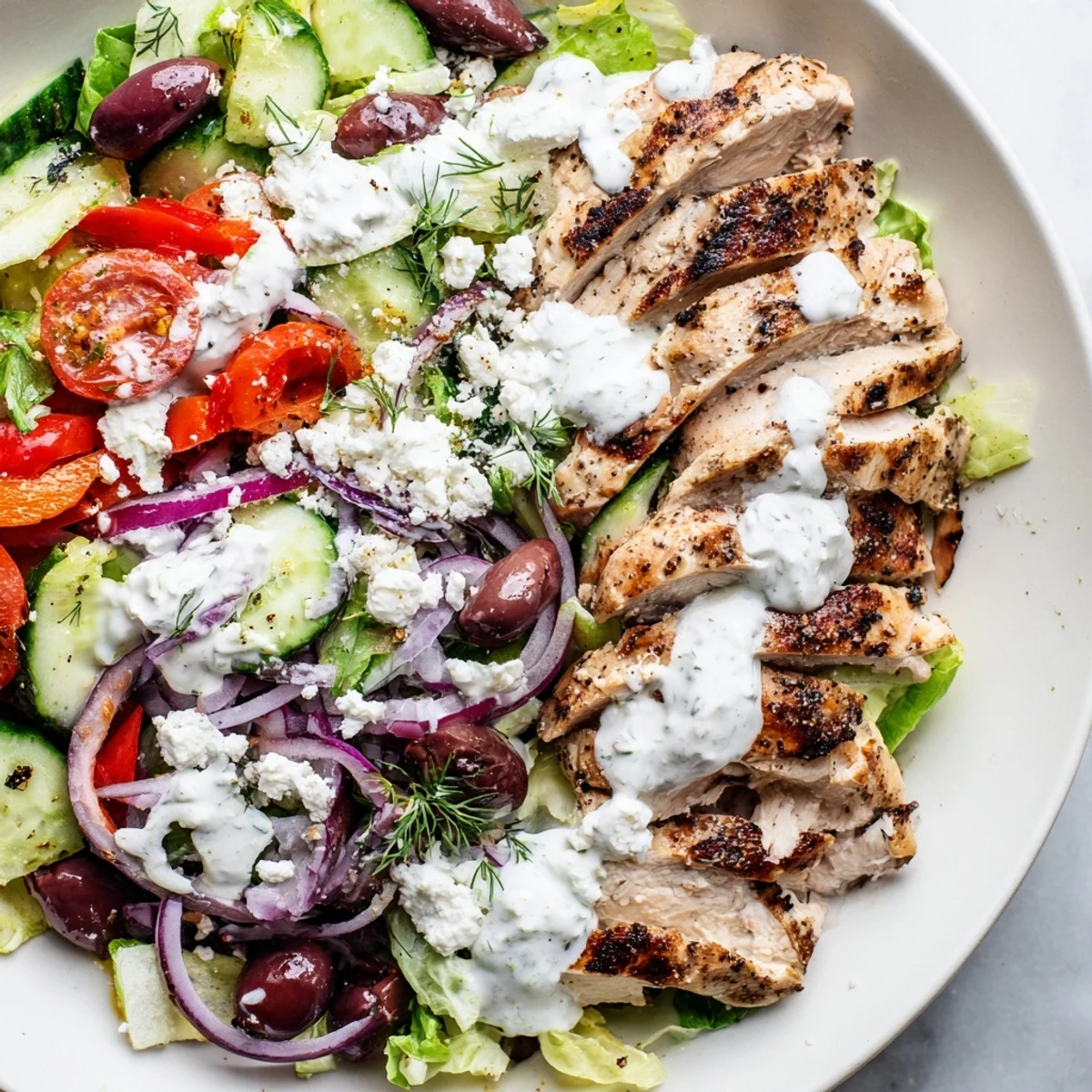 Juicy grilled chicken tops a colorful Greek chicken salad with creamy whipped feta dressing