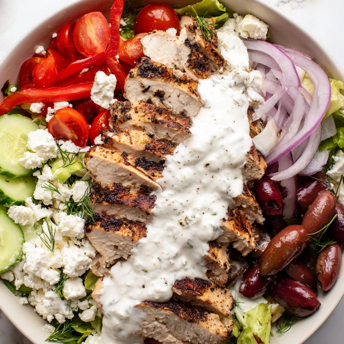Crisp greens and ripe tomatoes beneath sliced chicken in tangy whipped feta dressing