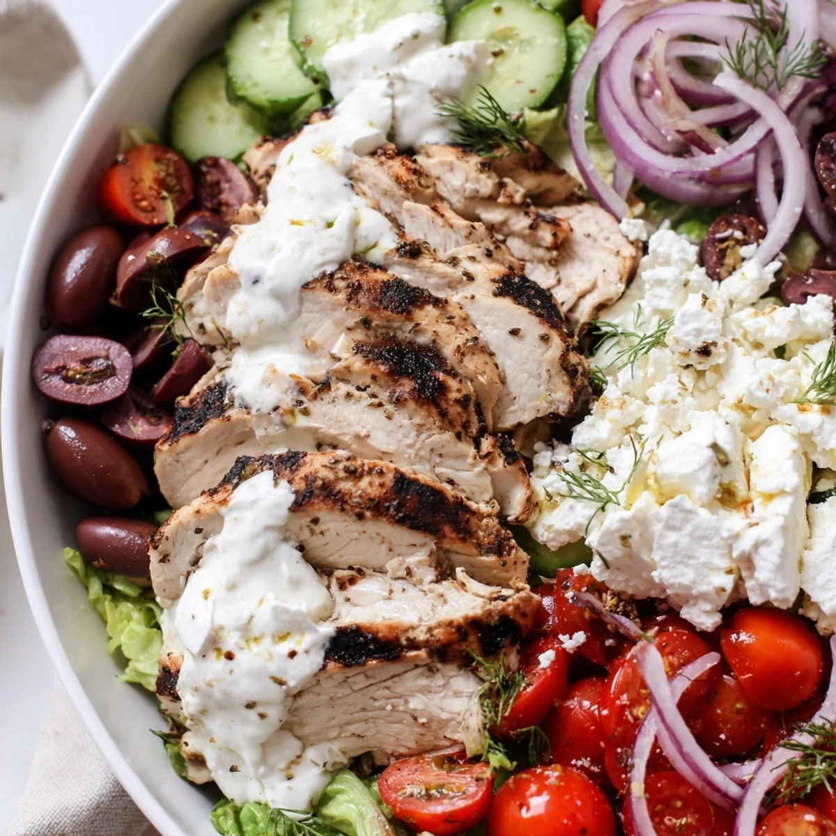 Golden grilled chicken rests on fresh Mediterranean vegetables drizzled with fluffy whipped feta dressing