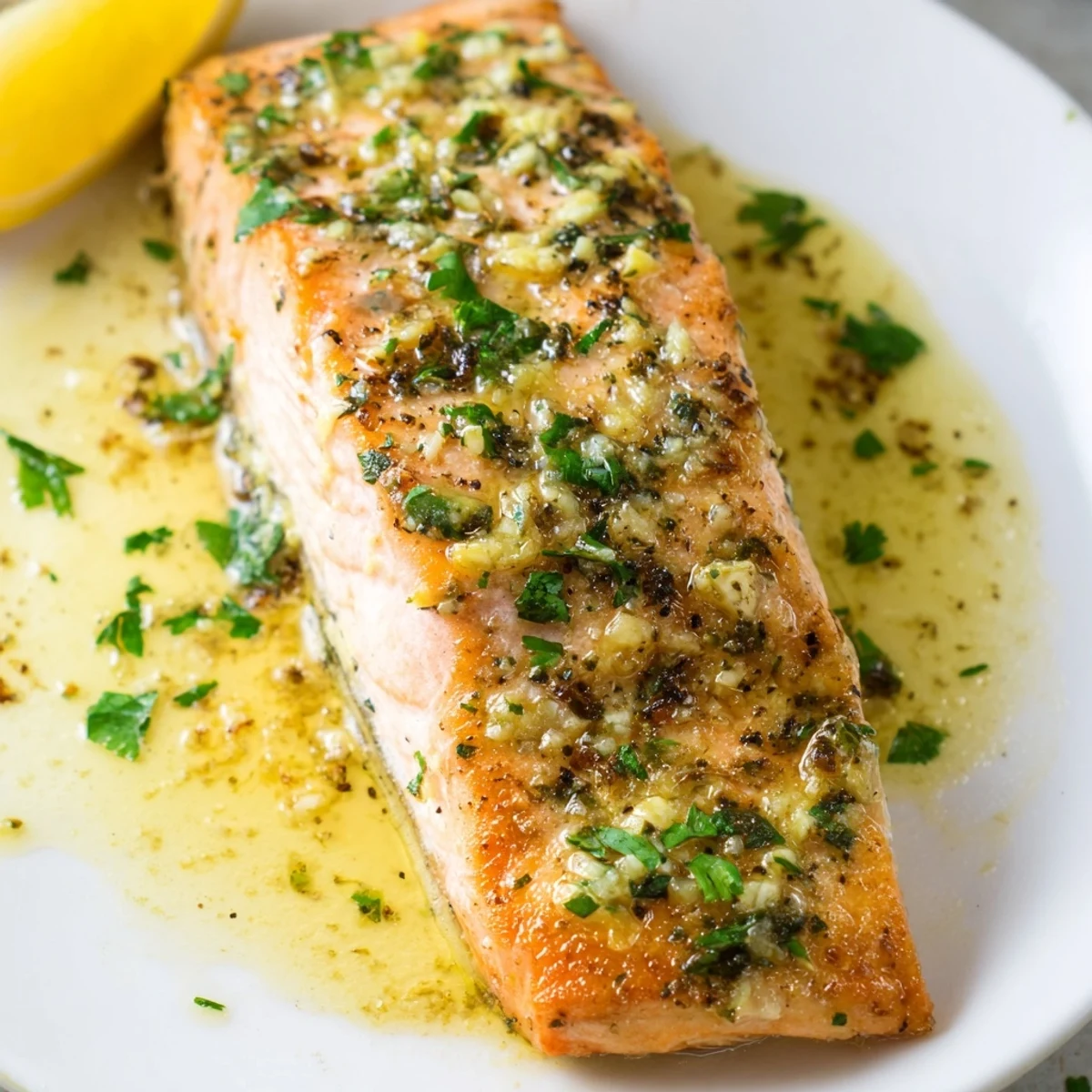 Crispy-skinned garlic butter salmon drizzled with melted butter and fresh parsley