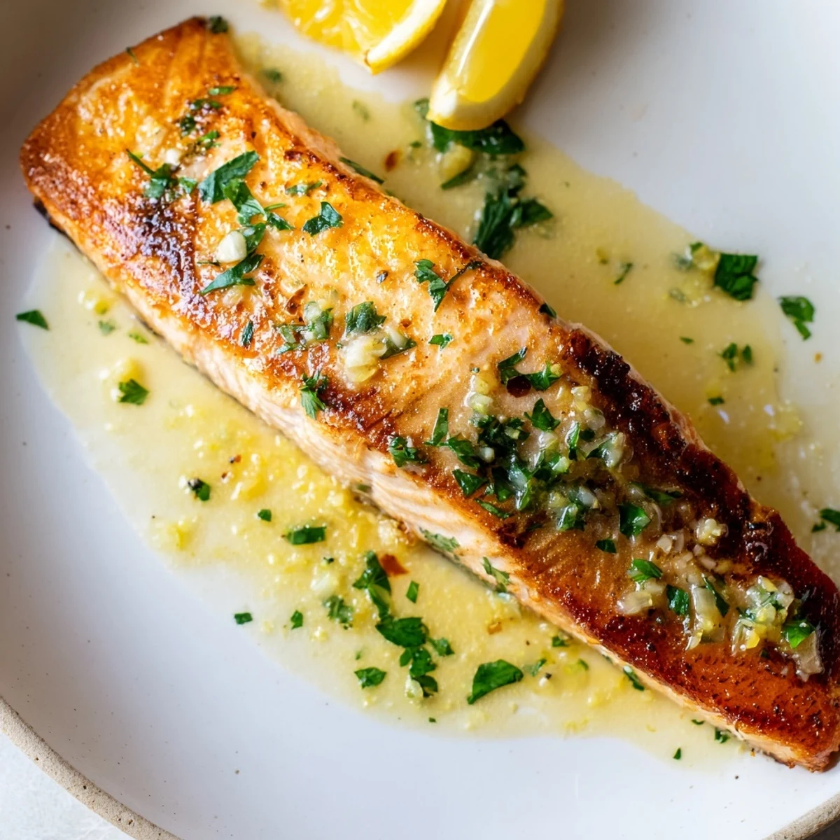 Golden garlic butter salmon fillets glistening in a rich, lemon herb pan sauce