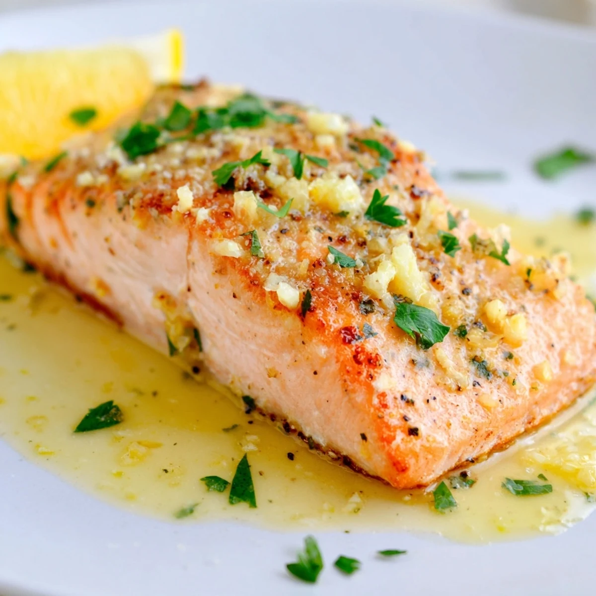 Tender garlic butter salmon plated with lemon wedges on a white dish