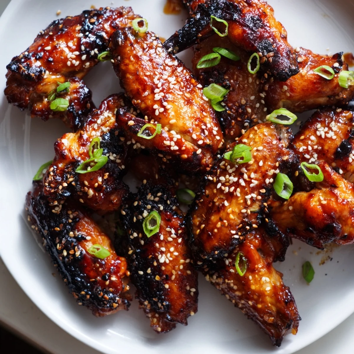 Glossy miso honey marinated chicken wings garnished with sesame seeds and scallions on a rustic platter