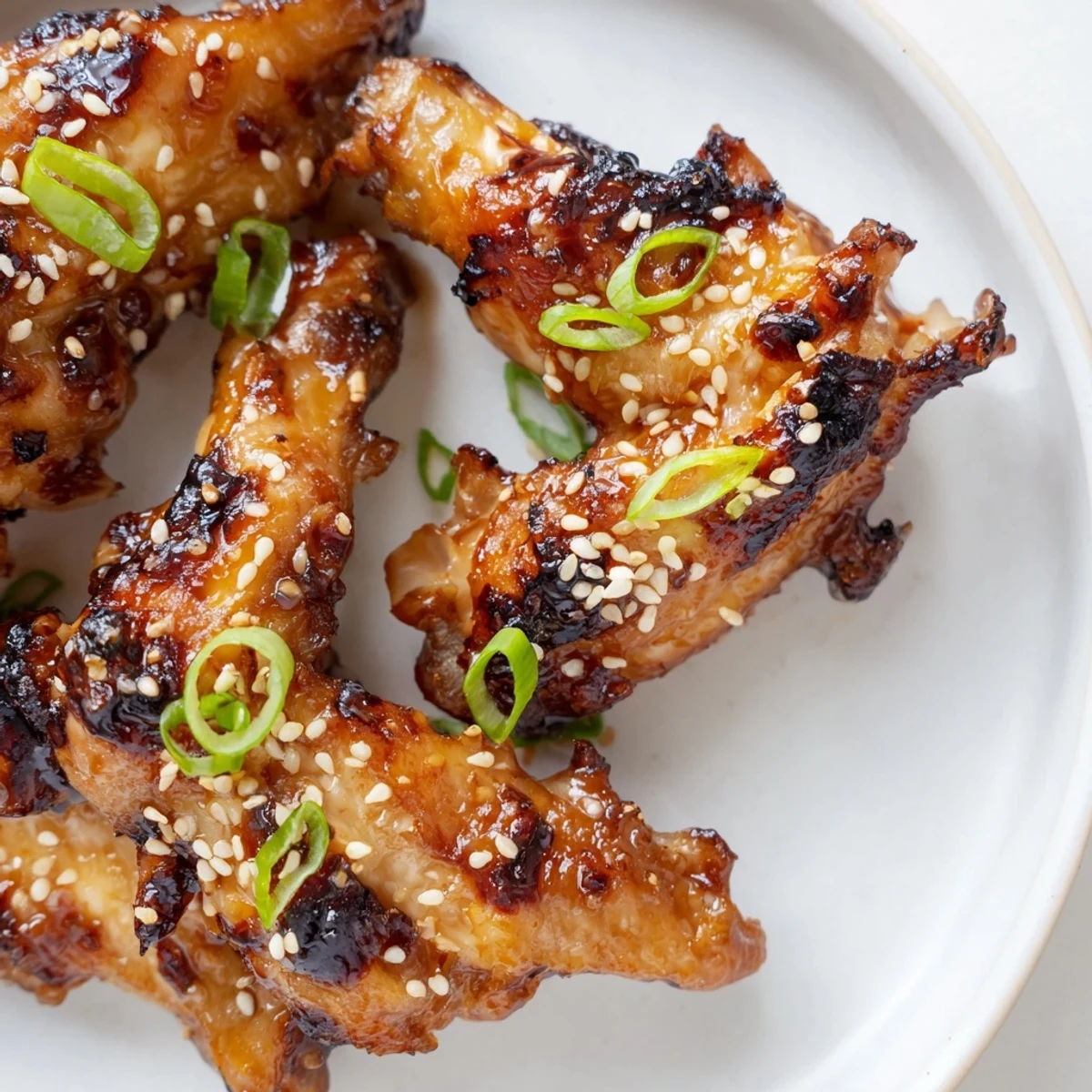 Caramelized miso honey marinated chicken wings roasted golden on a wire rack with sticky glaze