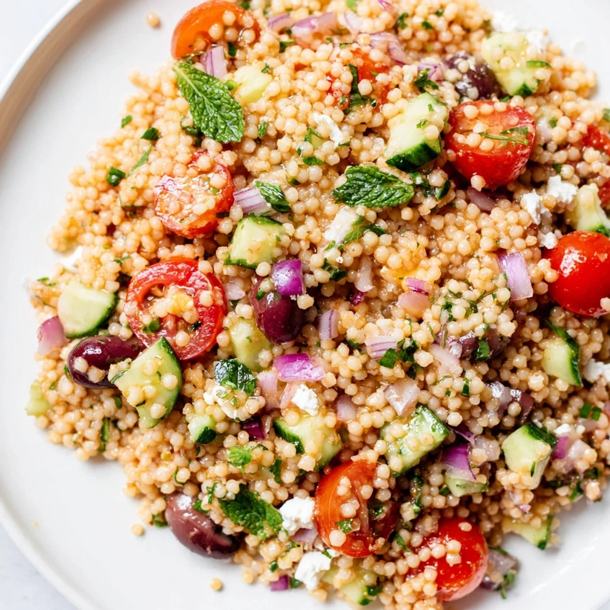 A bright Mediterranean couscous salad topped with crumbled feta and fresh herbs