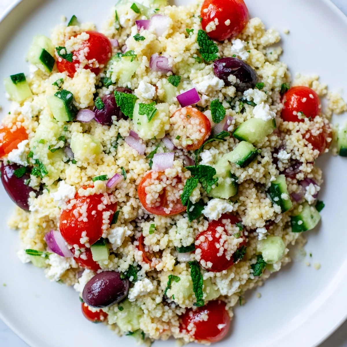 Mediterranean couscous salad drizzled with glossy hot honey lemon vinaigrette in a rustic bowl