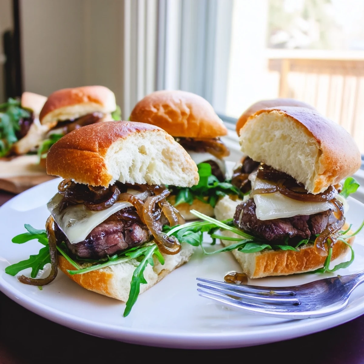 Juicy filet mignon sliders on golden garlic parmesan rolls with melted cheese and fresh arugula