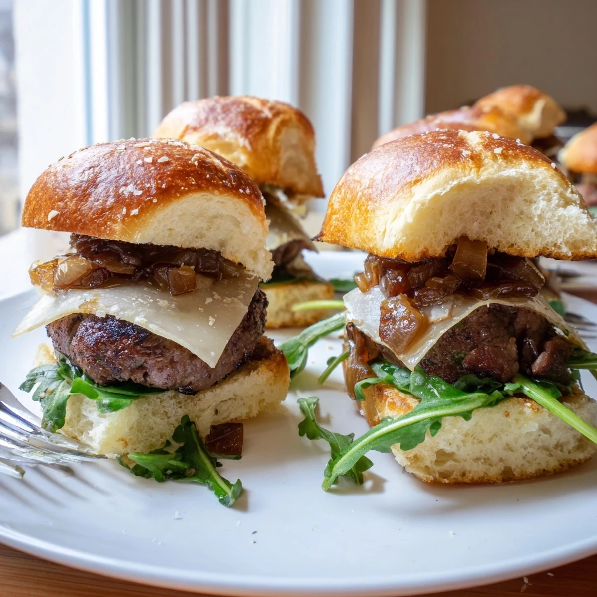 Tender seared filet mignon sliders nestled in warm garlic parmesan rolls with caramelized onions