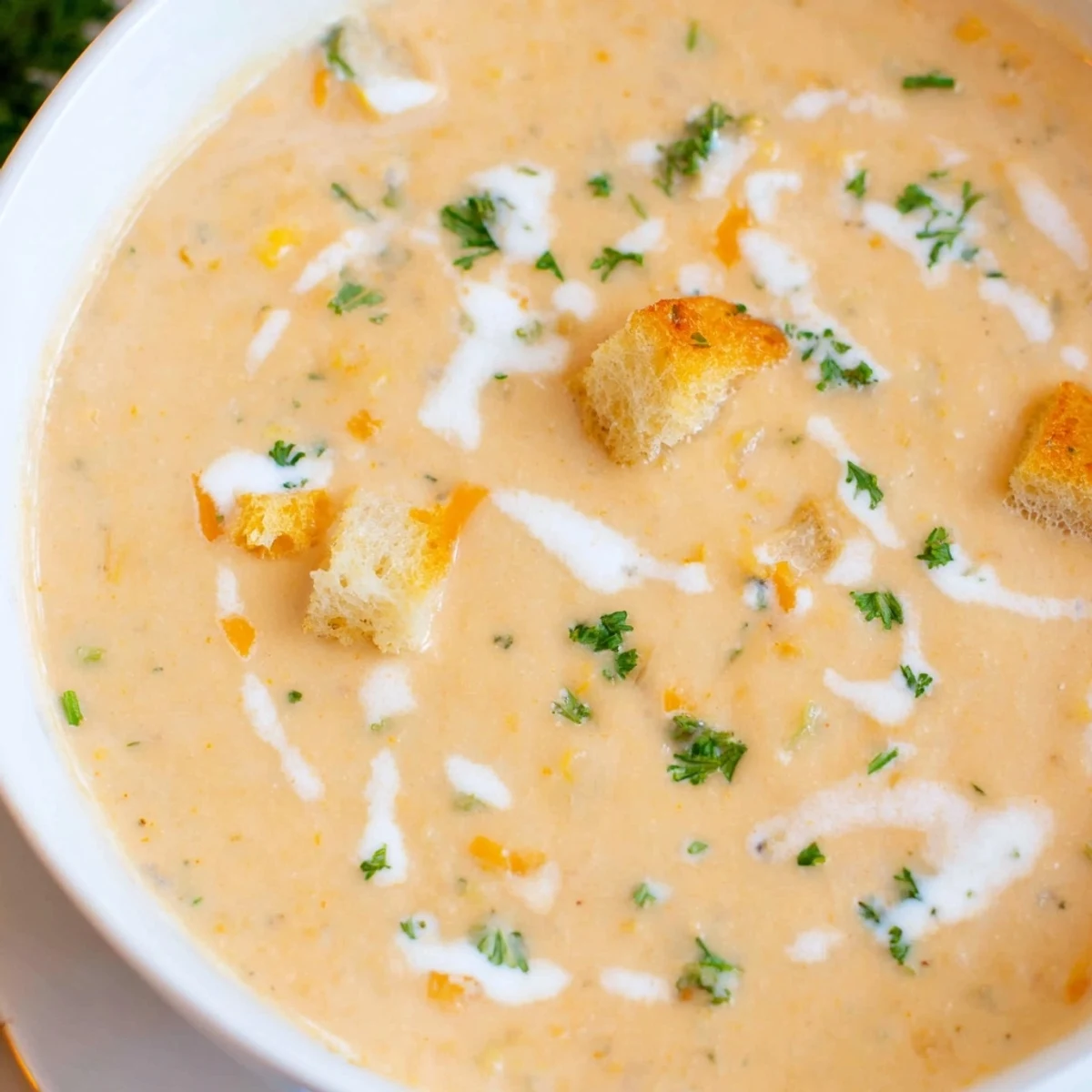 Creamy vegetable soup in a rustic bowl topped with golden croutons and fresh parsley