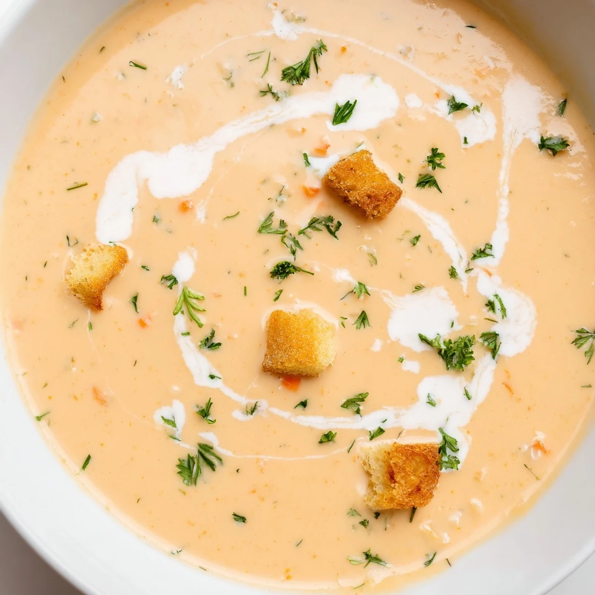 Velvety creamy vegetable soup swirled with cream and sprinkled with chopped green parsley