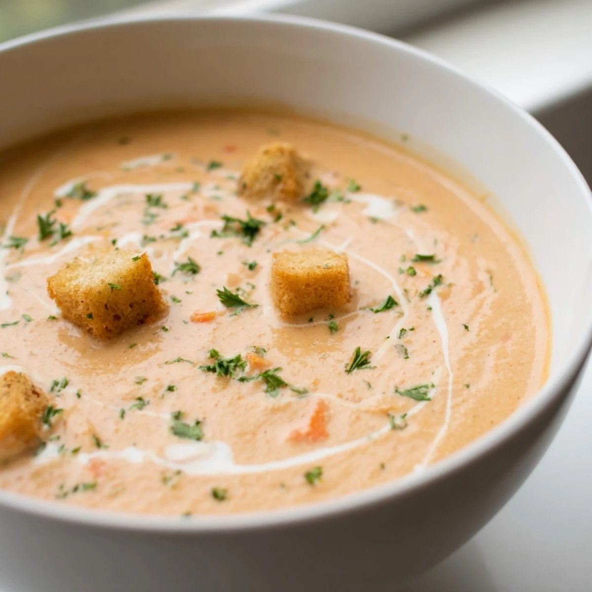 Steaming bowl of creamy vegetable soup garnished with herbs beside crusty bread