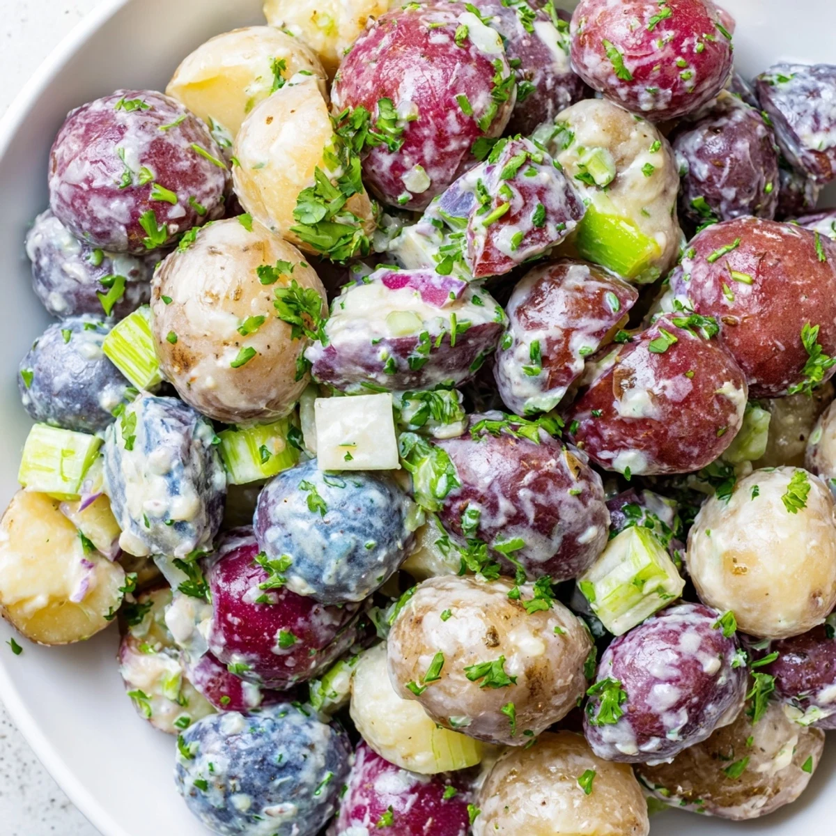 Creamy Red White Blue Potato Salad topped with fresh herbs in a rustic bowl