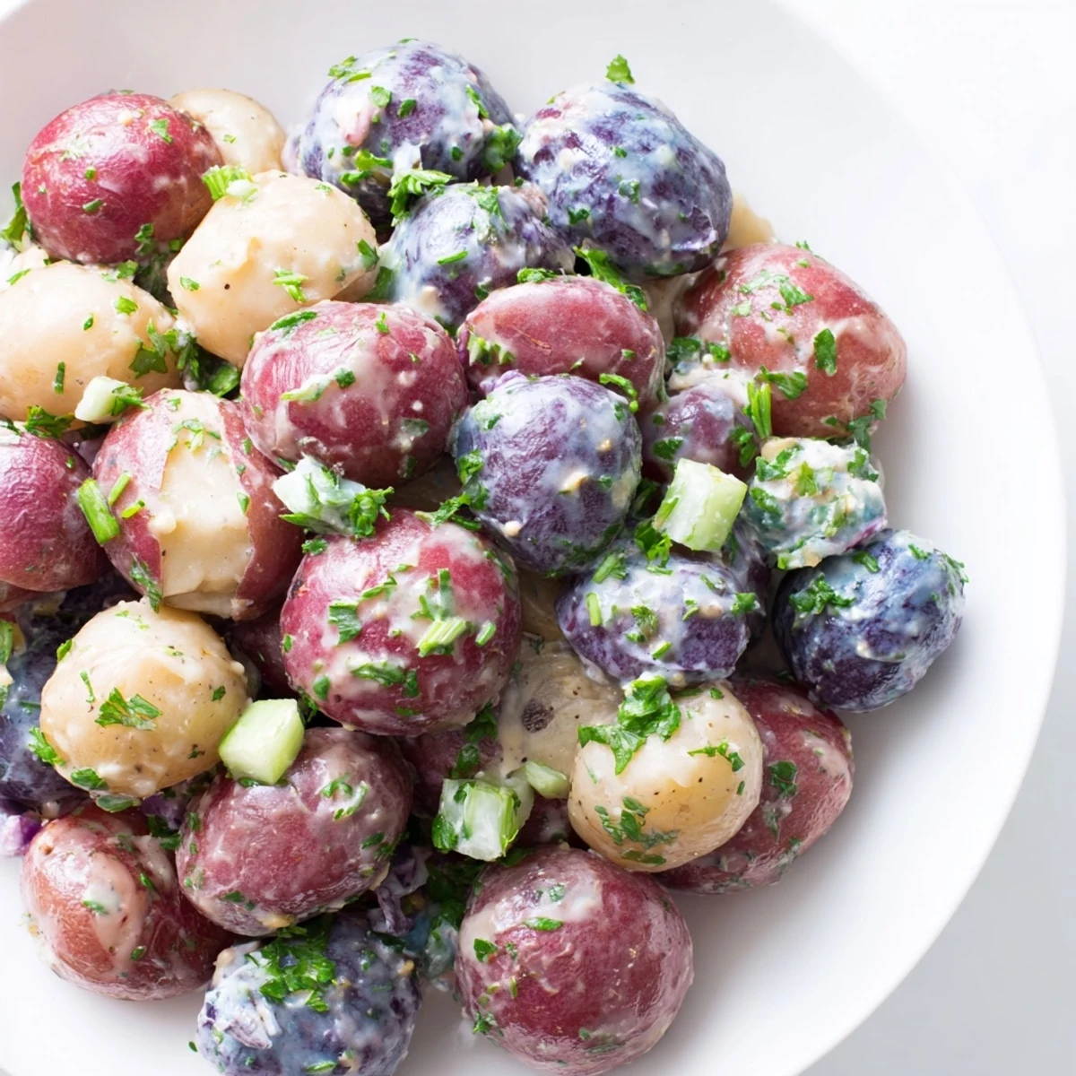 Colorful Red White Blue Potato Salad with tender baby potatoes and tangy dressing