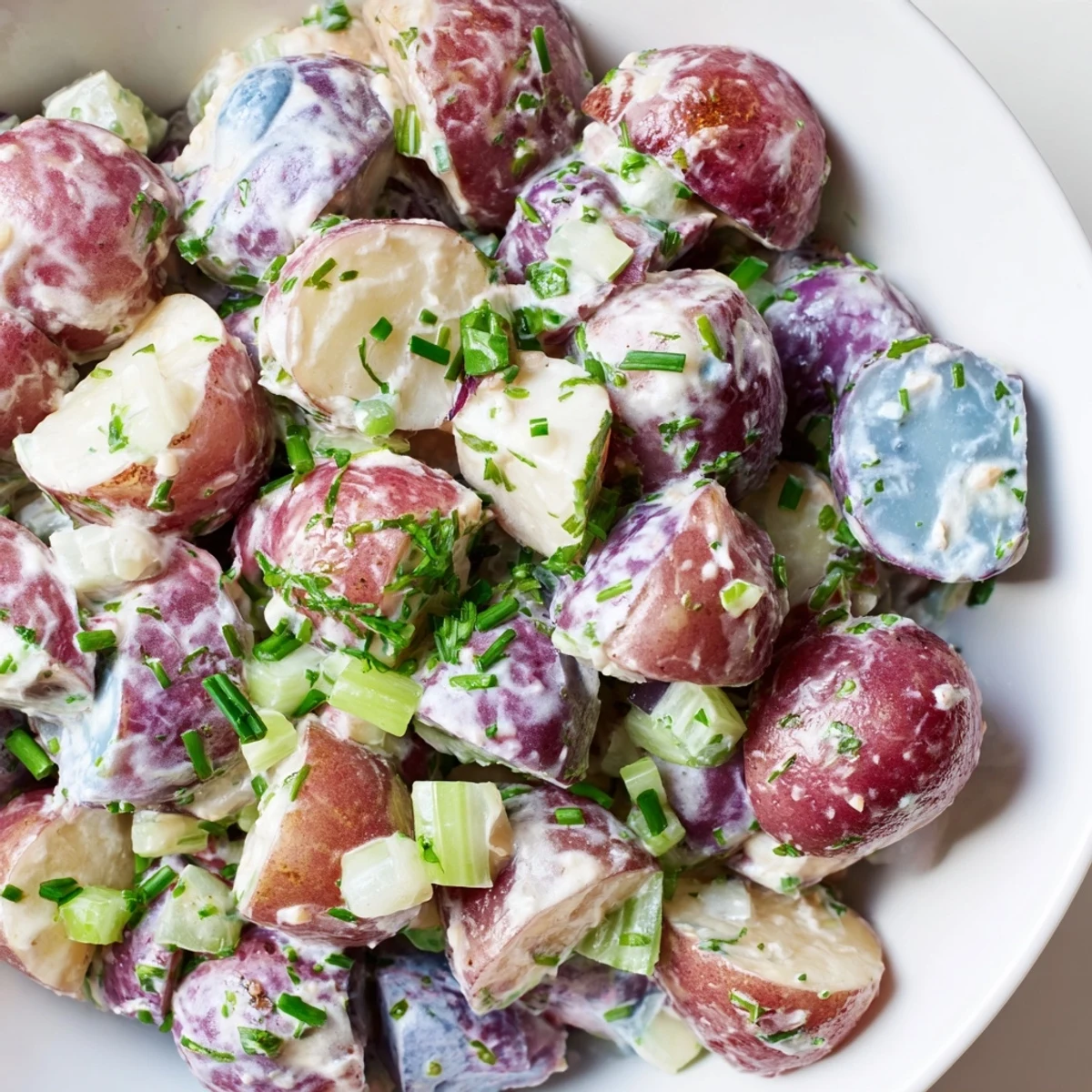 Festive Red White Blue Potato Salad scooped into a serving dish at a barbecue