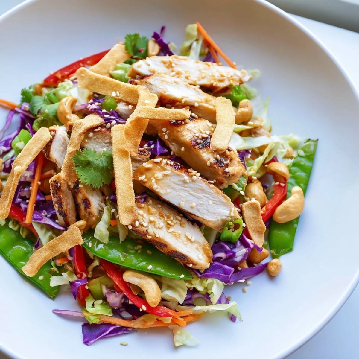 Colorful chicken cashew crunch salad piled high with roasted nuts and crisp vegetables