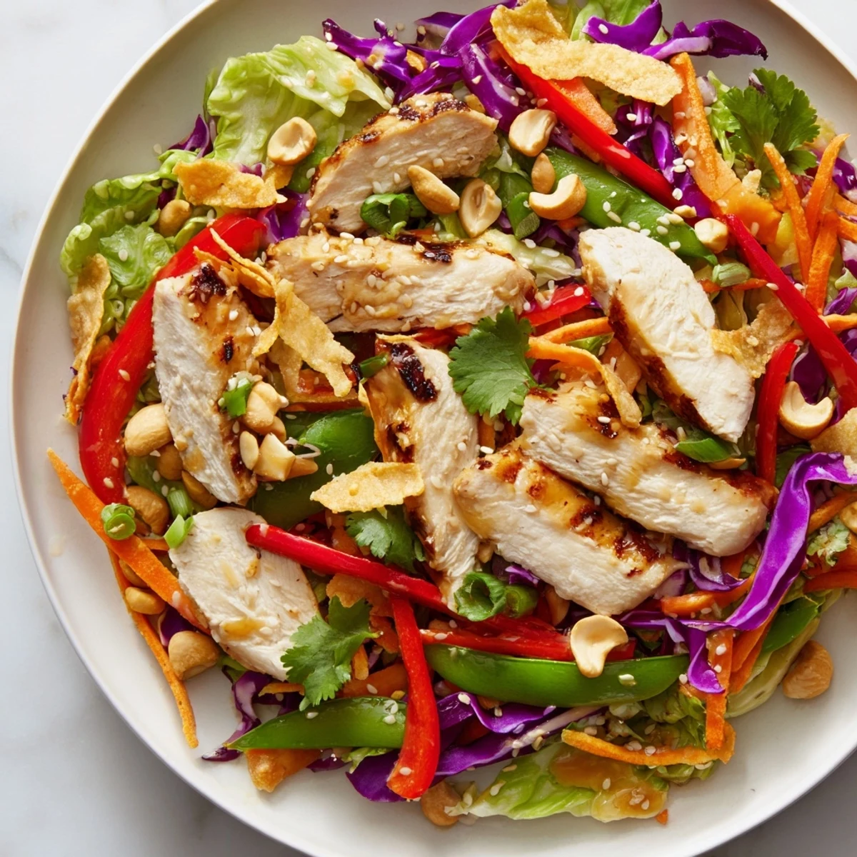 Golden seared chicken slices resting on a vibrant chicken cashew crunch salad with sesame dressing