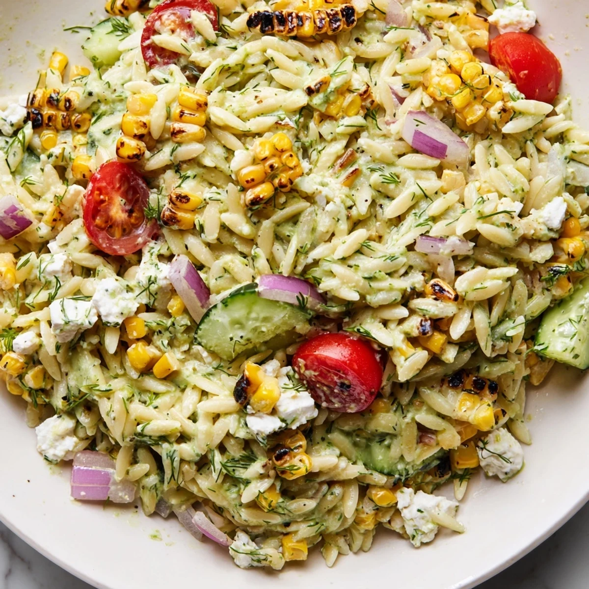 Vibrant grilled corn orzo salad with creamy scallion dill dressing drizzled on top