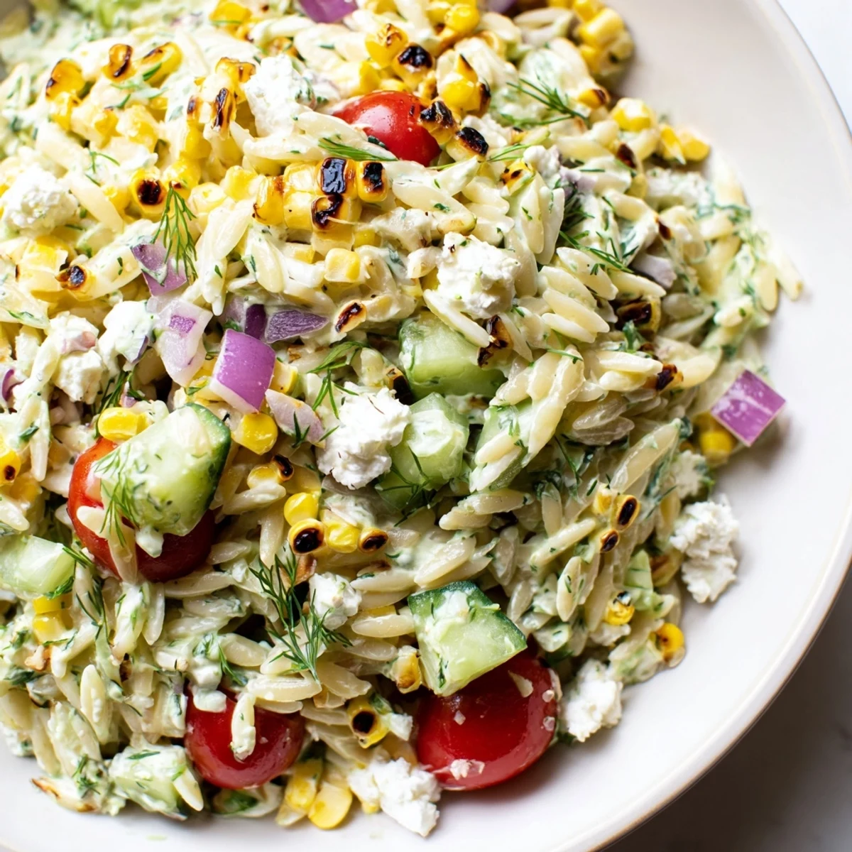 Smoky grilled corn orzo salad topped with crumbled feta and fresh dill