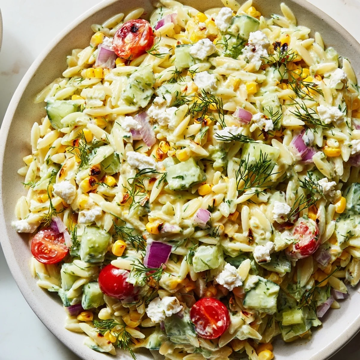 Grilled corn orzo salad served in a bowl with charred kernels and cherry tomatoes