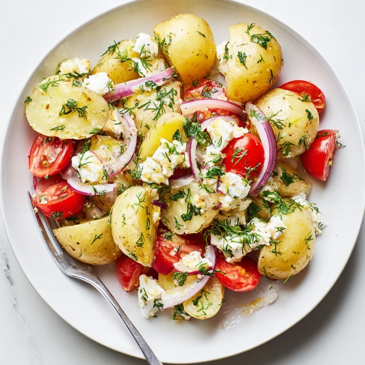Creamy potato and feta salad topped with crumbled cheese and fresh herbs
